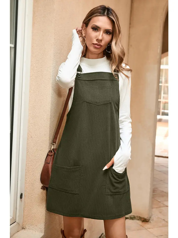 Solid Front Pockets Sleeveless Corduroy Overall Dress