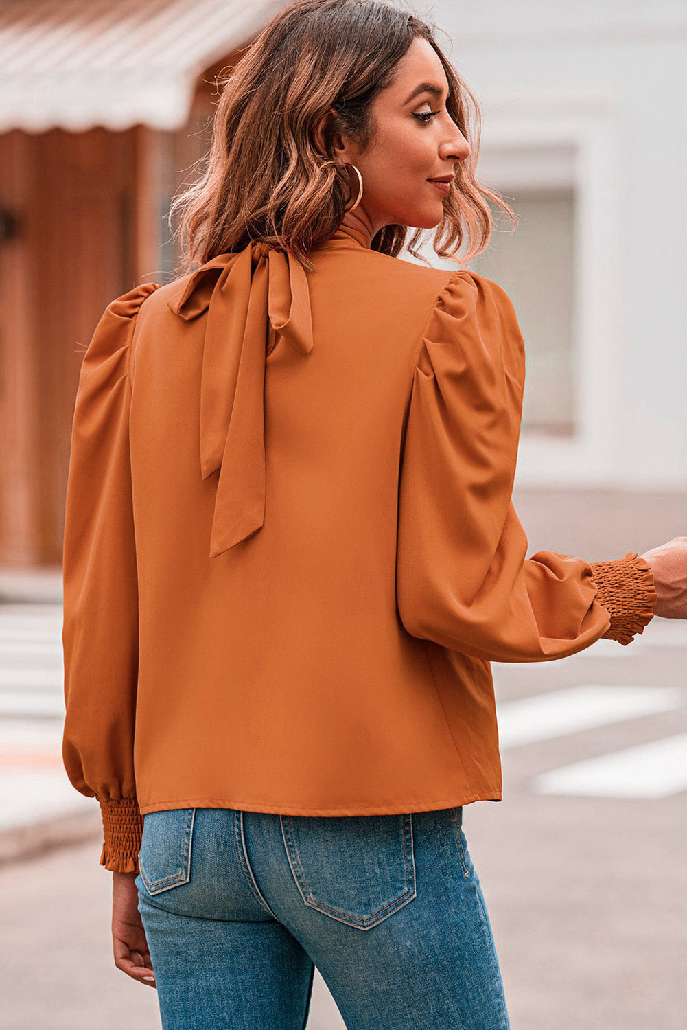 Long Bubble Sleeve Blouse-Orange
