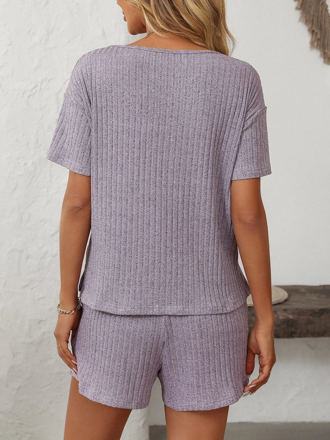 Solid Color Ribbed Short-Sleeve Pajama Loungewear Set