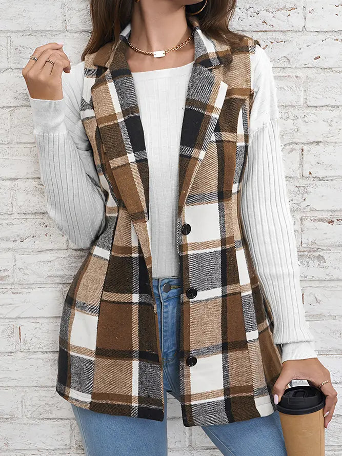 Brown Plaid Lapelle Collar Button Up Vest Coat