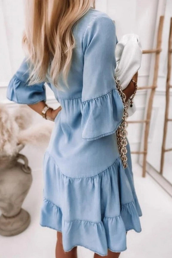 V-NECK Half Sleeve Washed Denim Dress