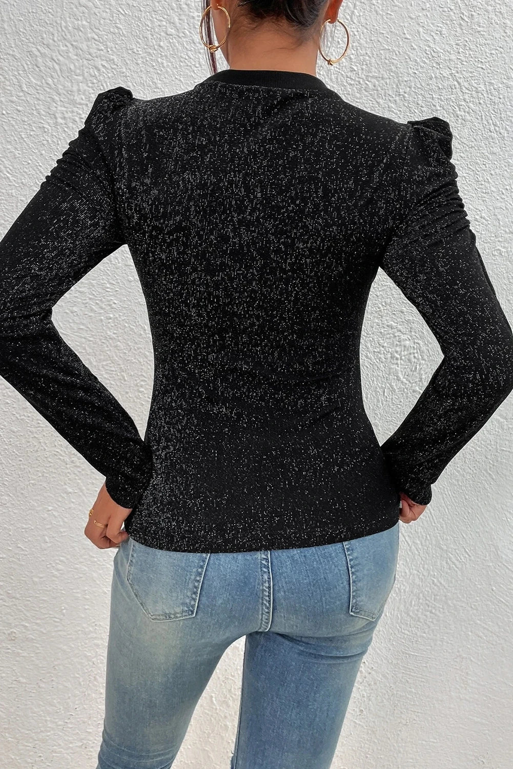 Black Crew Neck Gigot Sleeve Metallic Knit Top