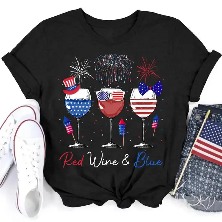 Red Wine and Blue 4th of July Shirt, Patriotic Wine Glasses