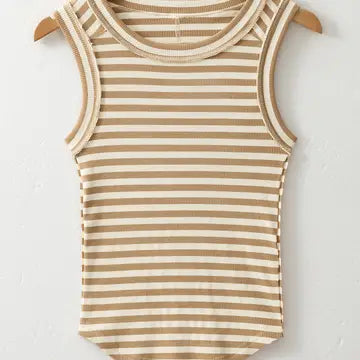 Khaki Stripe Exposed Seam Trim Round Neck Sleeveless Top