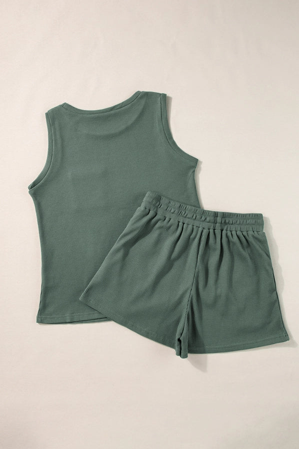 Waffle Knit Patched Pocket Tank and Drawstring Shorts Set