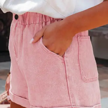 Pink Vintage Washed Frilled High Waist Denim Shorts