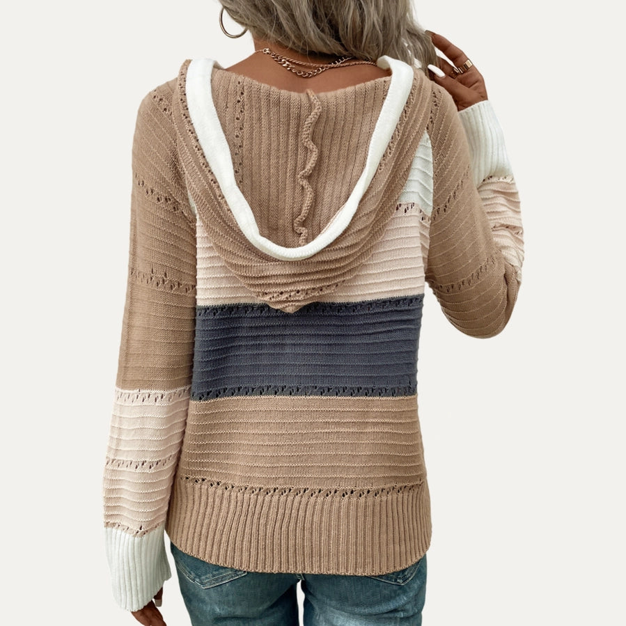 Multicolor Long Sleeve Hooded Pieced Knit Sweater