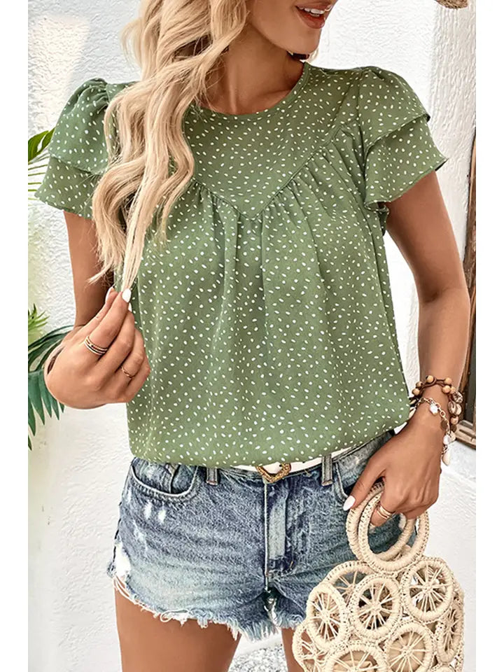 Ruffled Short Sleeve Polka Dot Blouse- Green