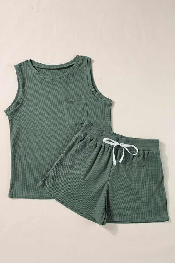 Waffle Knit Patched Pocket Tank and Drawstring Shorts Set