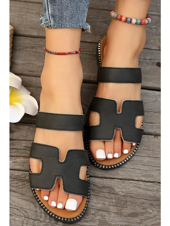 Leather Flat Slides Sandals