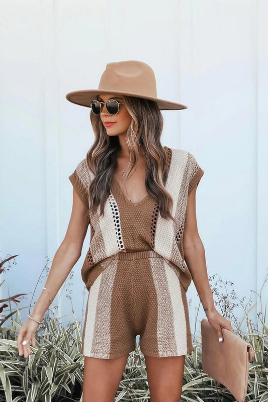 Shorts V-Neck Knitted Top Two-Piece Set