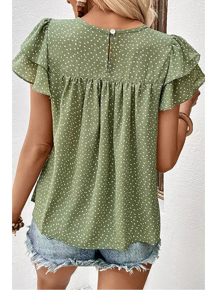 Ruffled Short Sleeve Polka Dot Blouse- Green