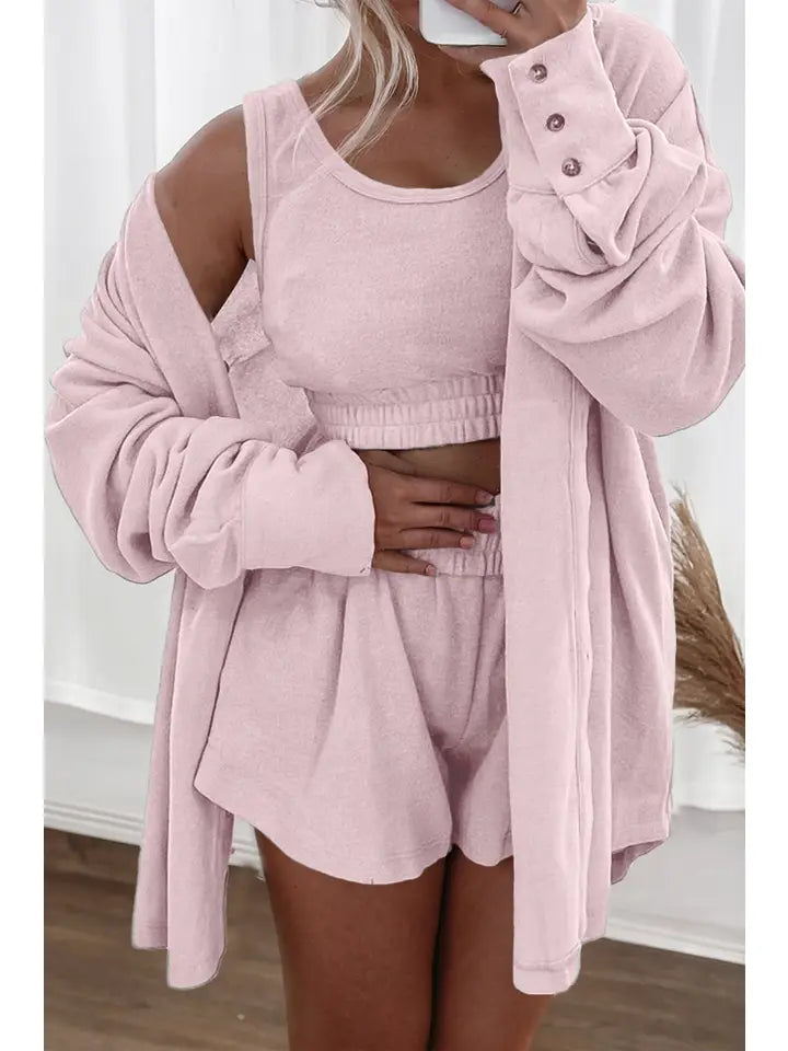 3 Pcs Crop Tank Top Shorts with Cardigan Lounge Set