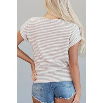 Casual Striped Knit Buttoned Front V Neck T-Shirt