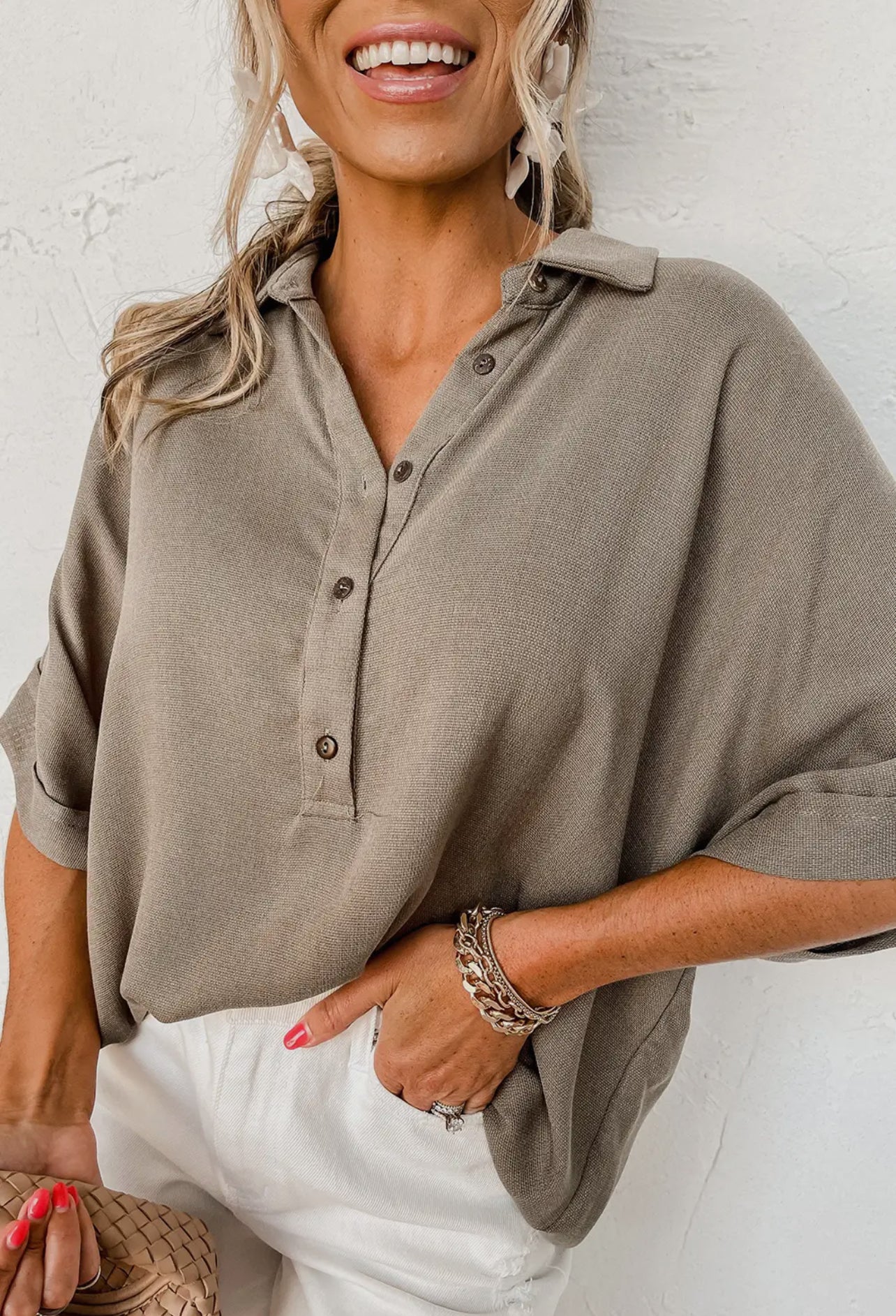 Collared Half Button Oversized Top