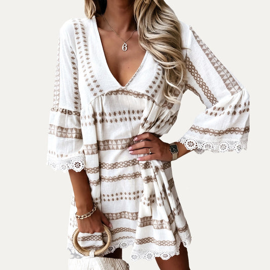 Boho-Style Printed V-Neck Crochet Lace Mini Dress