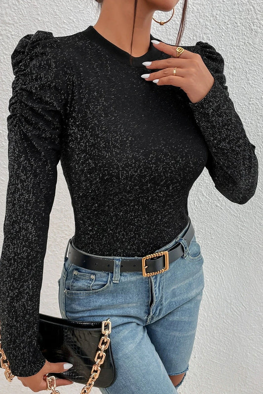 Black Crew Neck Gigot Sleeve Metallic Knit Top