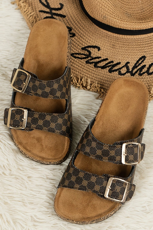Geometric Print Cut Out Buckle Leather Flat Sandal