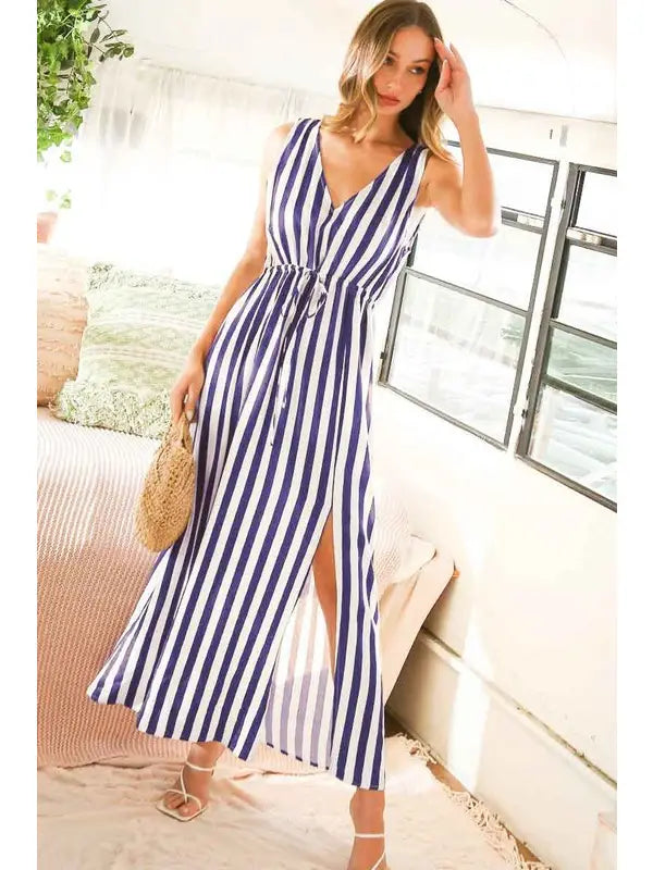 V-Neck Sleeveless Tie Waist Stripe Maxi Dress