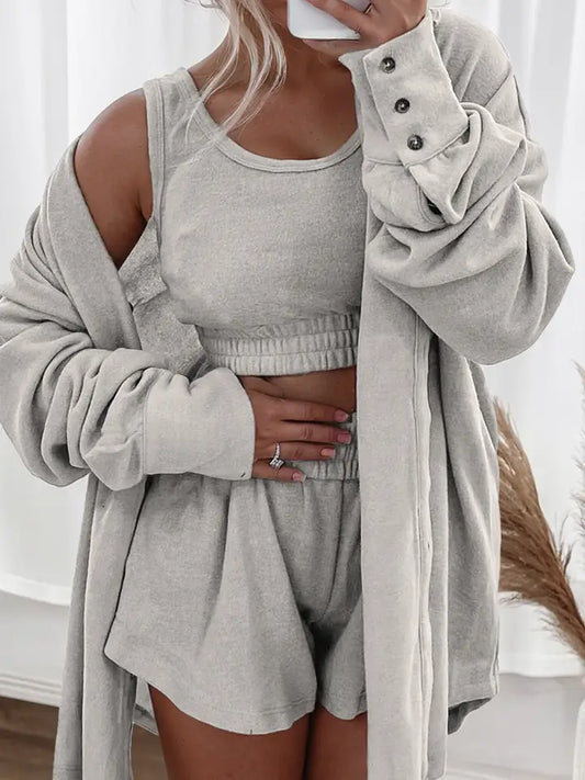 3 Pcs Crop Tank Top Shorts with Cardigan Lounge Set