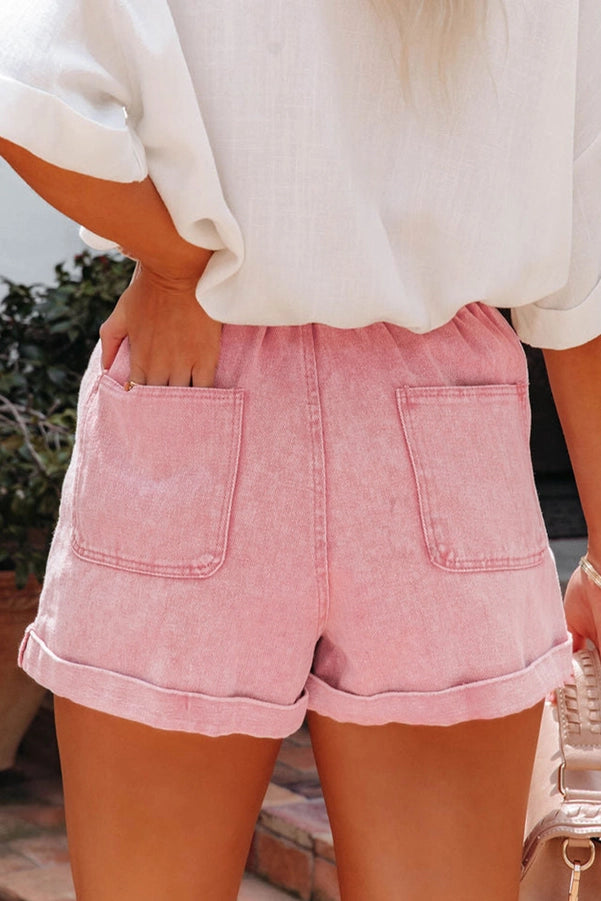 Pink Vintage Washed Frilled High Waist Denim Shorts