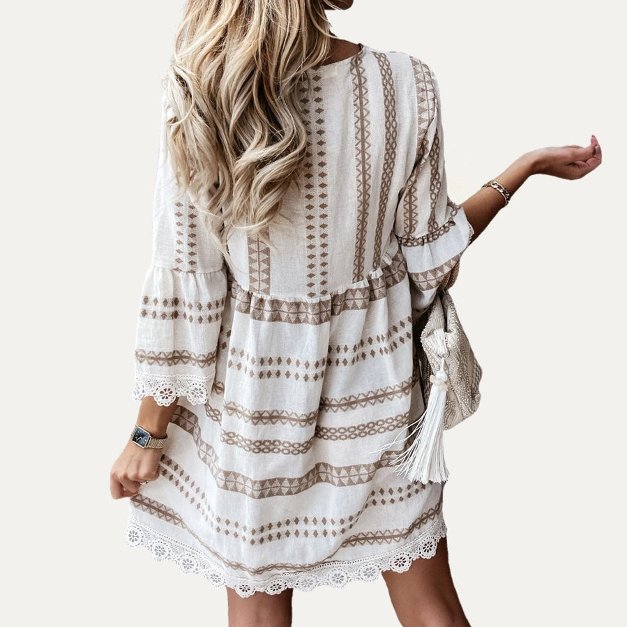 Boho-Style Printed V-Neck Crochet Lace Mini Dress